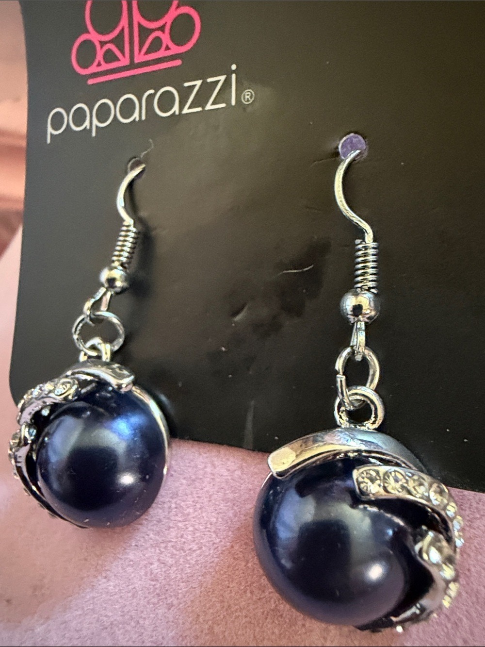 paparazzi Navy Pearl Drop Earrings with Silver Accents, .5”, (J0139)